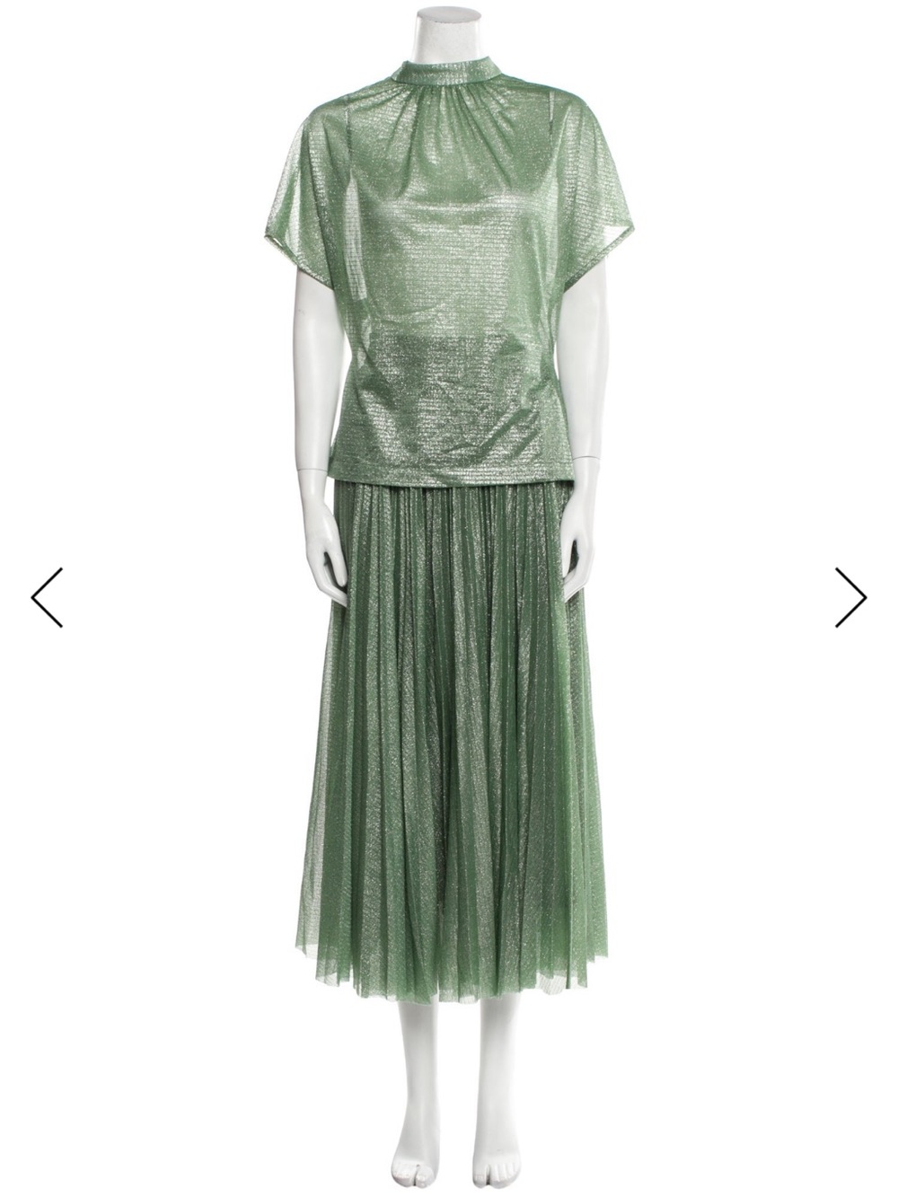Lela Rose 2-Piece Metallic Green Top & Pleated Skirt Set — Size 8